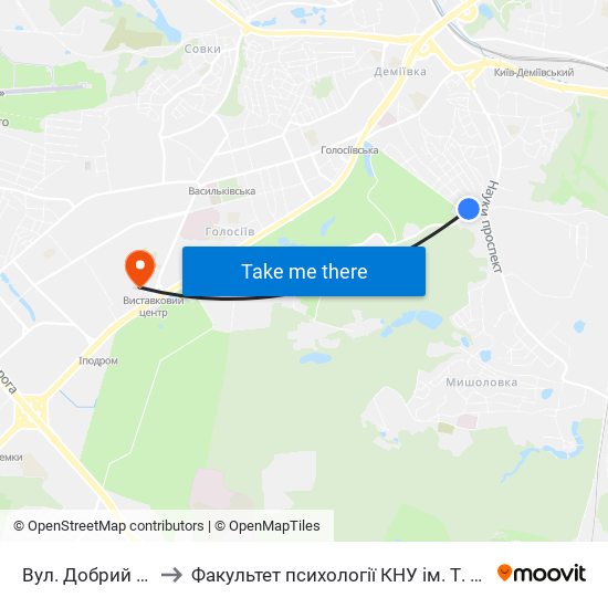 Вул. Добрий Шлях to Факультет психології КНУ ім. Т. Шевченка map