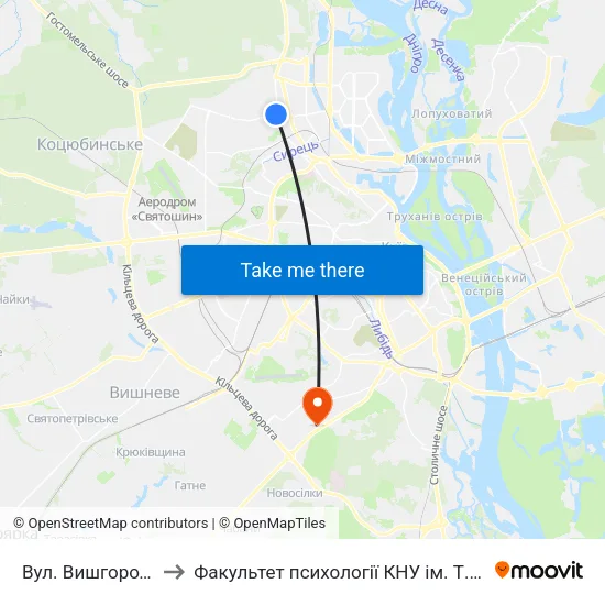 Вул. Вишгородська to Факультет психології КНУ ім. Т. Шевченка map