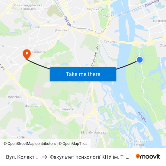 Вул. Колекторна to Факультет психології КНУ ім. Т. Шевченка map