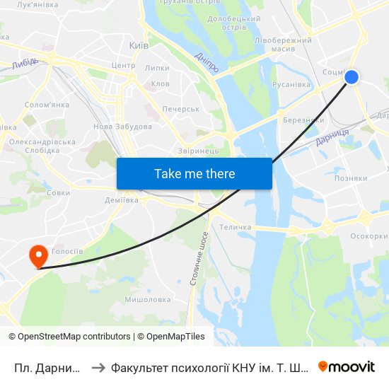 Пл. Дарницька to Факультет психології КНУ ім. Т. Шевченка map