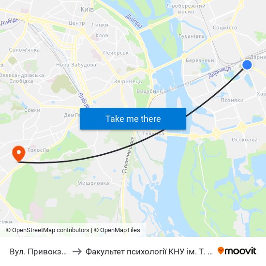 Вул. Привокзальна to Факультет психології КНУ ім. Т. Шевченка map