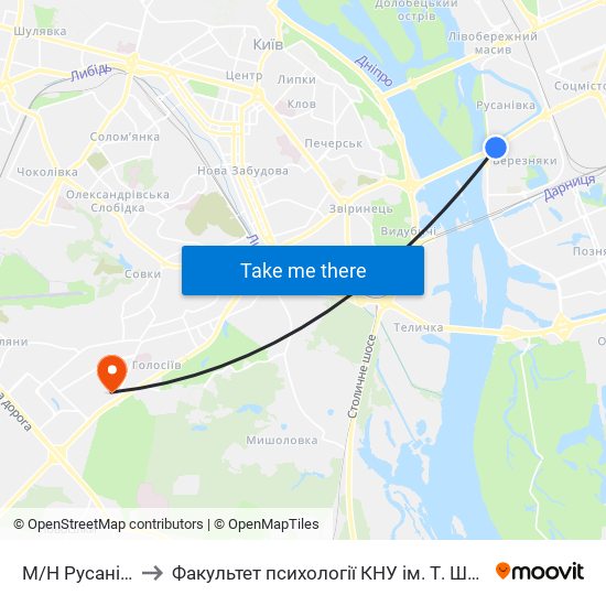 М/Н Русанівка to Факультет психології КНУ ім. Т. Шевченка map