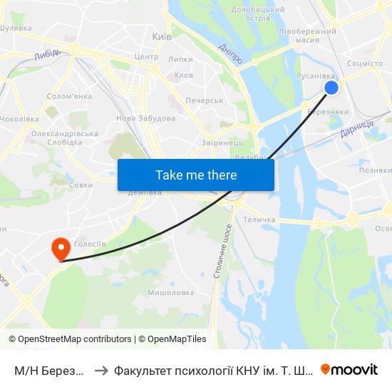 М/Н Березняки to Факультет психології КНУ ім. Т. Шевченка map