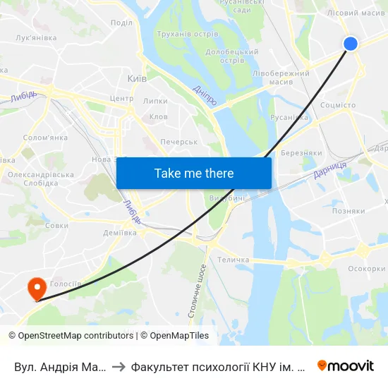 Вул. Андрія Малишка to Факультет психології КНУ ім. Т. Шевченка map