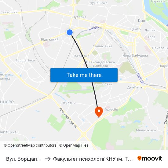 Вул. Борщагівська to Факультет психології КНУ ім. Т. Шевченка map