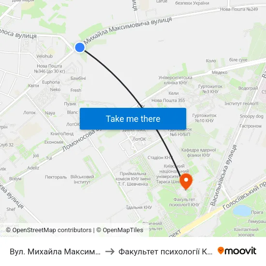 Вул. Михайла Максимовича (На Вимогу) to Факультет психології КНУ ім. Т. Шевченка map