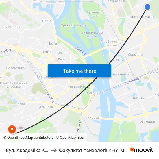 Вул. Академіка Курчатова to Факультет психології КНУ ім. Т. Шевченка map