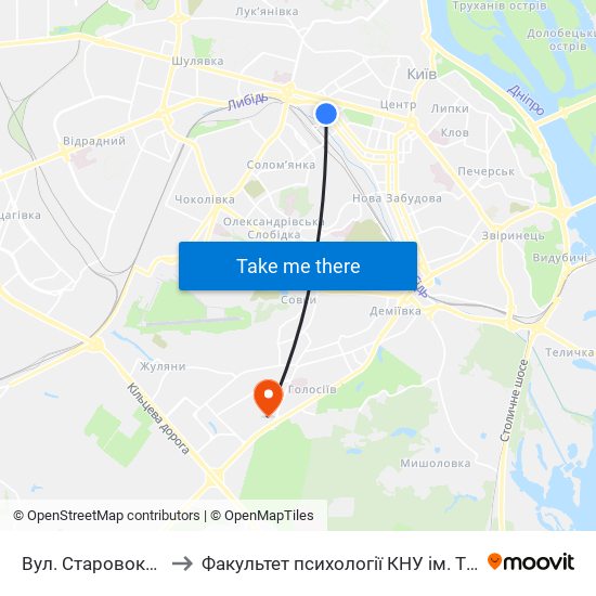 Вул. Старовокзальна to Факультет психології КНУ ім. Т. Шевченка map