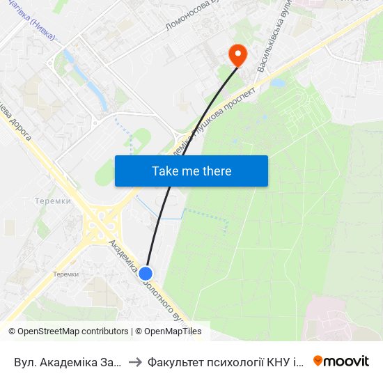 Вул. Академіка Заболотного to Факультет психології КНУ ім. Т. Шевченка map