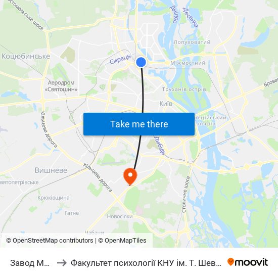 Завод Маяк to Факультет психології КНУ ім. Т. Шевченка map