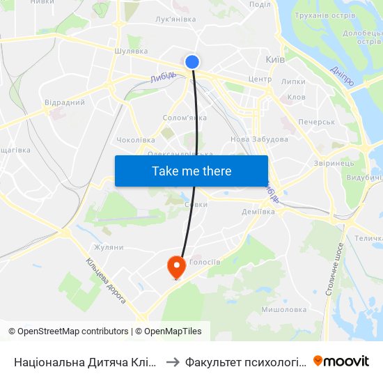 Національна Дитяча Клінічна Лікарня ""Охматдит"" to Факультет психології КНУ ім. Т. Шевченка map