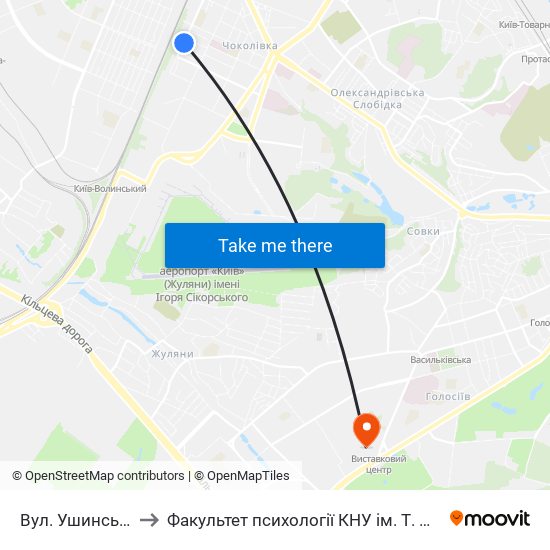 Вул. Ушинського to Факультет психології КНУ ім. Т. Шевченка map