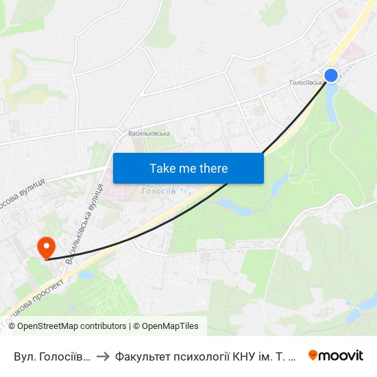 Вул. Голосіївська to Факультет психології КНУ ім. Т. Шевченка map