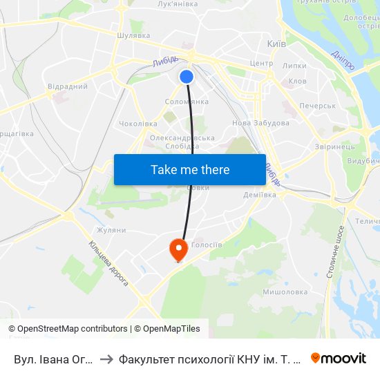 Вул. Івана Огієнка to Факультет психології КНУ ім. Т. Шевченка map