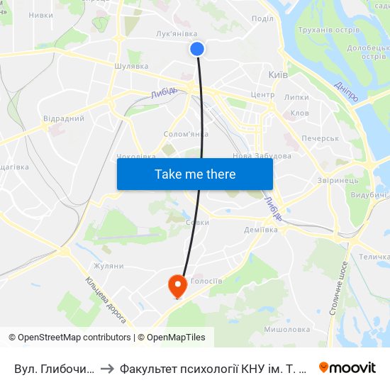 Вул. Глибочицька to Факультет психології КНУ ім. Т. Шевченка map