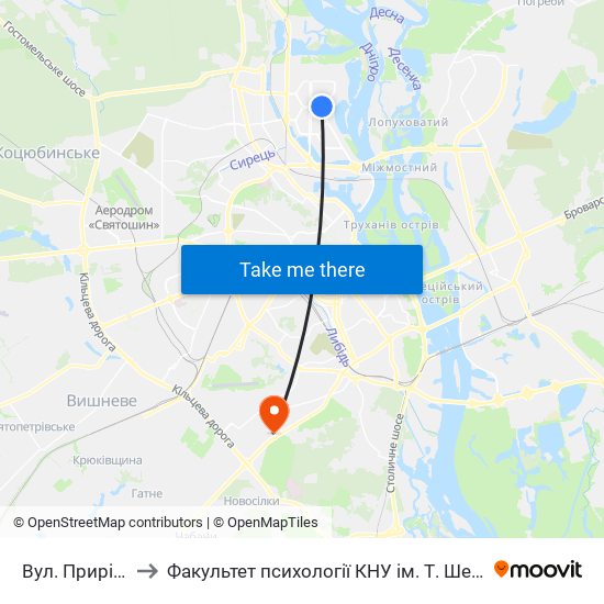 Вул. Прирічна to Факультет психології КНУ ім. Т. Шевченка map