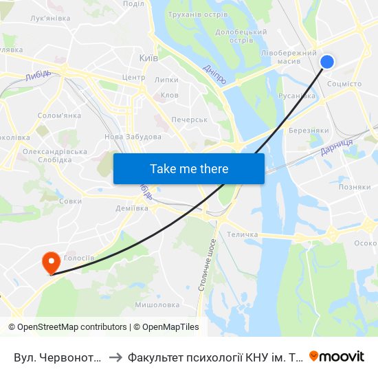 Вул. Червоноткацька to Факультет психології КНУ ім. Т. Шевченка map