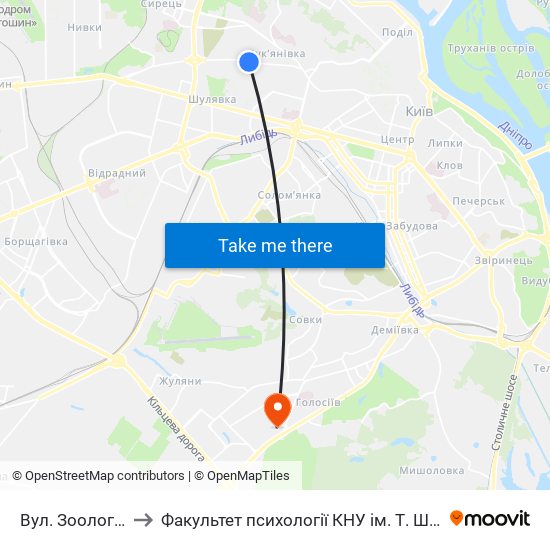 Вул. Зоологічна to Факультет психології КНУ ім. Т. Шевченка map