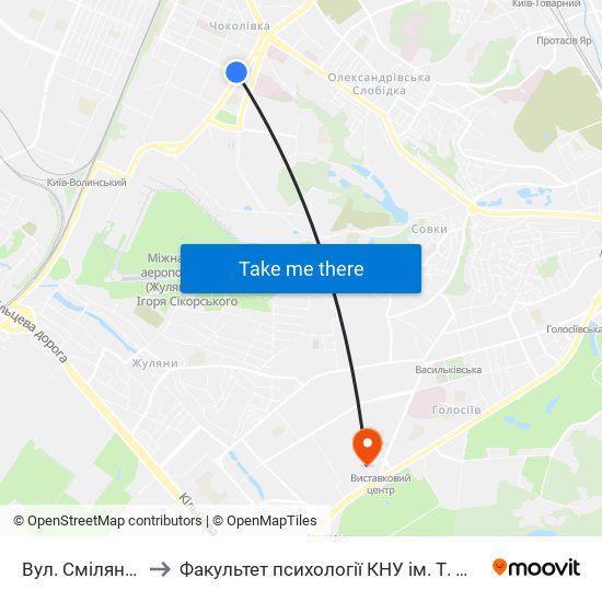 Вул. Смілянська to Факультет психології КНУ ім. Т. Шевченка map