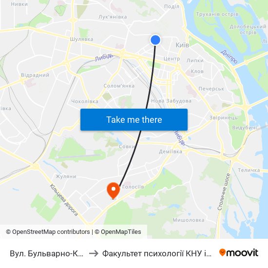 Вул. Бульварно-Кудрявська to Факультет психології КНУ ім. Т. Шевченка map