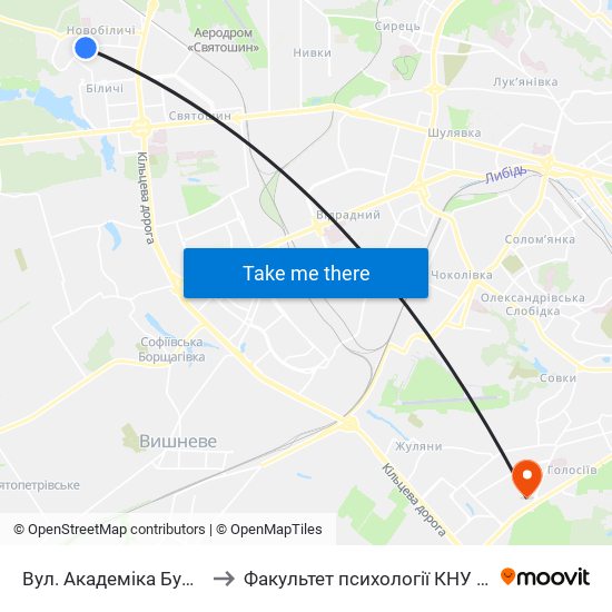 Вул. Академіка Булаховського to Факультет психології КНУ ім. Т. Шевченка map