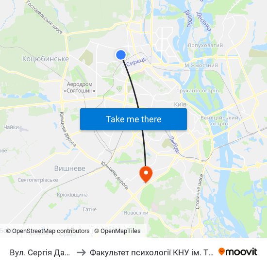 Вул. Сергія Данченка to Факультет психології КНУ ім. Т. Шевченка map