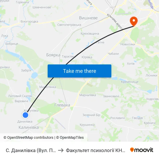 С. Данилівка (Вул. Пролетарська) to Факультет психології КНУ ім. Т. Шевченка map