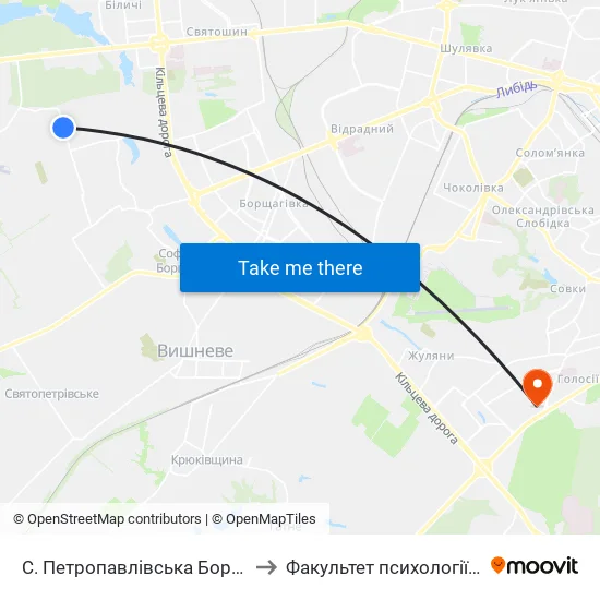 С. Петропавлівська Борщагівка (Вул. Авіаторів) to Факультет психології КНУ ім. Т. Шевченка map