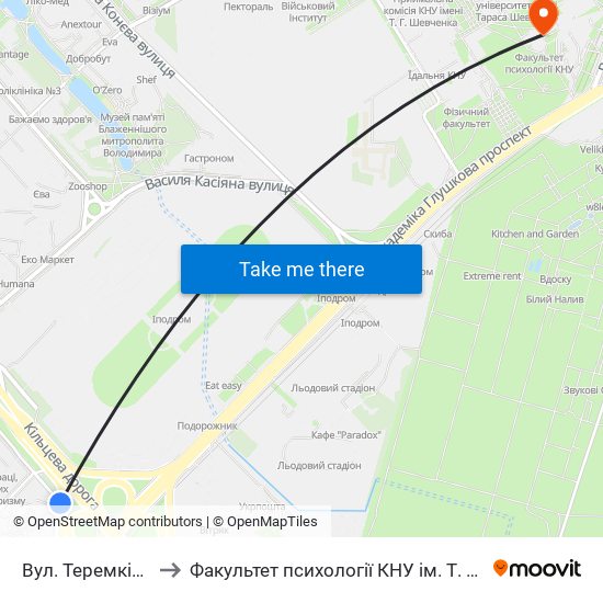 Вул. Теремківська to Факультет психології КНУ ім. Т. Шевченка map