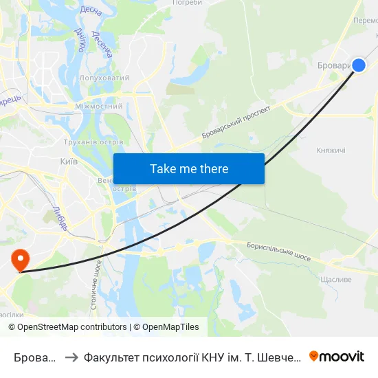 Бровари to Факультет психології КНУ ім. Т. Шевченка map