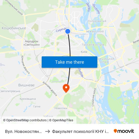 Вул. Новокостянтинівська to Факультет психології КНУ ім. Т. Шевченка map