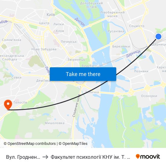 Вул. Гродненська to Факультет психології КНУ ім. Т. Шевченка map