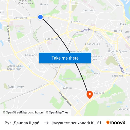 Вул. Данила Щербаківського to Факультет психології КНУ ім. Т. Шевченка map