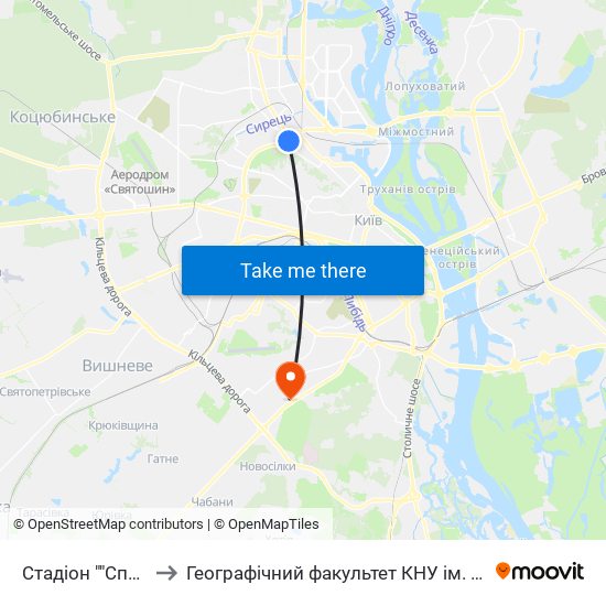 Стадіон ""Спартак"" to Географічний факультет КНУ ім. Т. Шевченка map