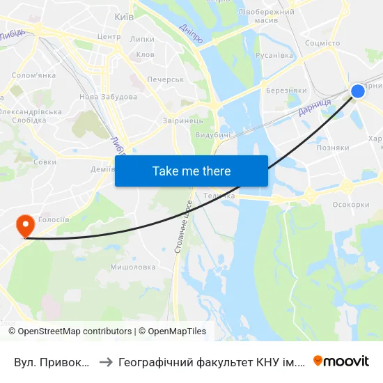 Вул. Привокзальна to Географічний факультет КНУ ім. Т. Шевченка map