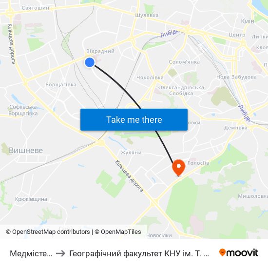Медмістечко to Географічний факультет КНУ ім. Т. Шевченка map