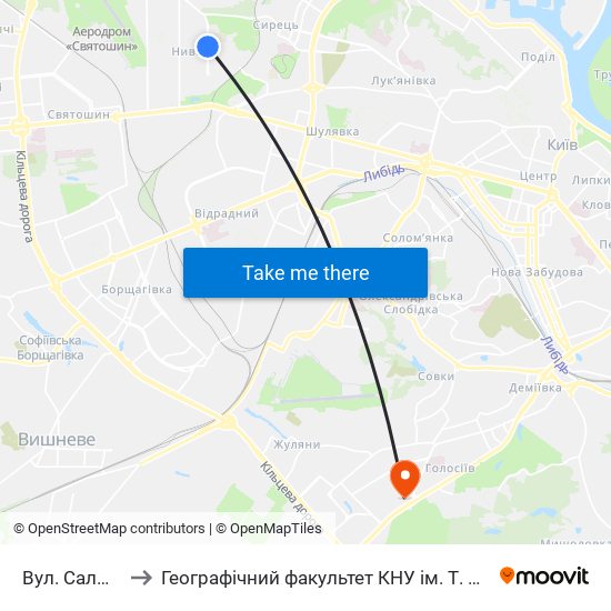 Вул. Салютна to Географічний факультет КНУ ім. Т. Шевченка map