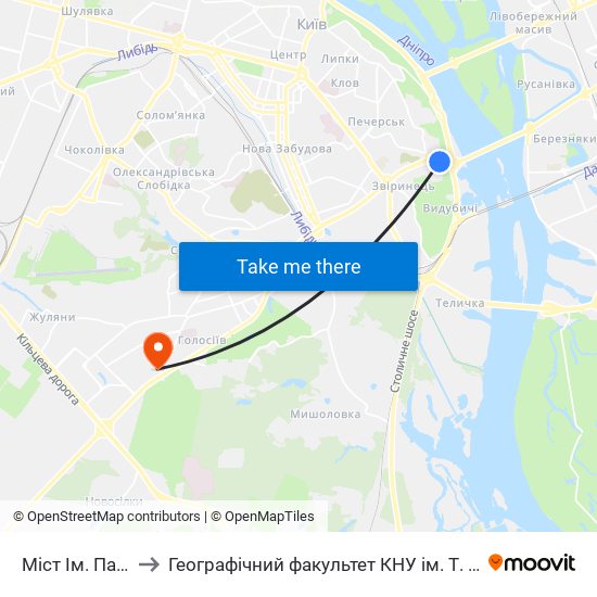 Міст Ім. Патона to Географічний факультет КНУ ім. Т. Шевченка map