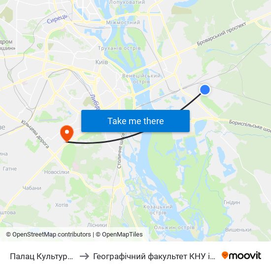 Палац Культури Дніпро to Географічний факультет КНУ ім. Т. Шевченка map