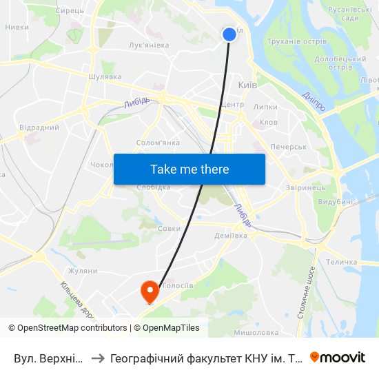 Вул. Верхній Вал to Географічний факультет КНУ ім. Т. Шевченка map