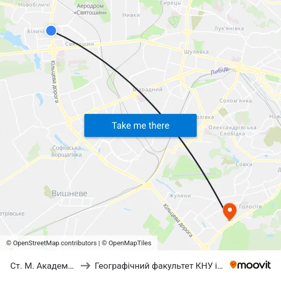 Ст. М. Академмістечко to Географічний факультет КНУ ім. Т. Шевченка map