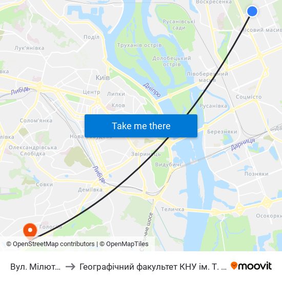 Вул. Мілютенка to Географічний факультет КНУ ім. Т. Шевченка map