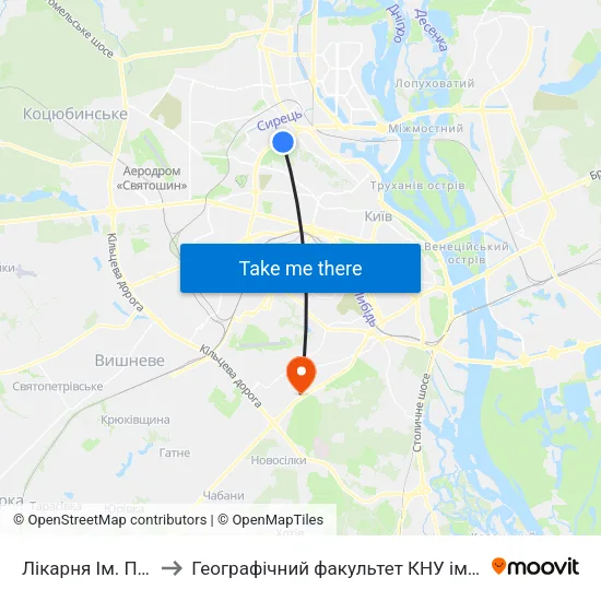 Лікарня Ім. Павлова to Географічний факультет КНУ ім. Т. Шевченка map