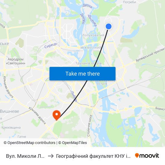 Вул. Миколи Лаврухіна to Географічний факультет КНУ ім. Т. Шевченка map