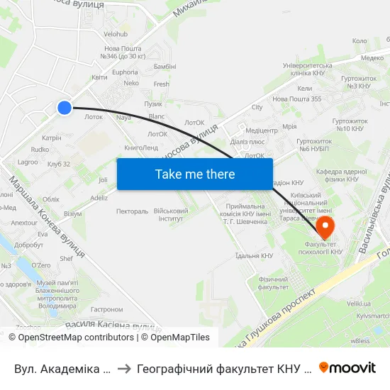 Вул. Академіка Вільямса to Географічний факультет КНУ ім. Т. Шевченка map