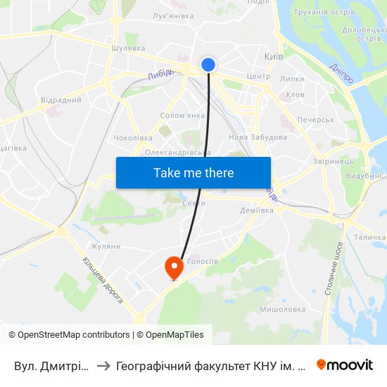 Вул. Дмитрівська to Географічний факультет КНУ ім. Т. Шевченка map