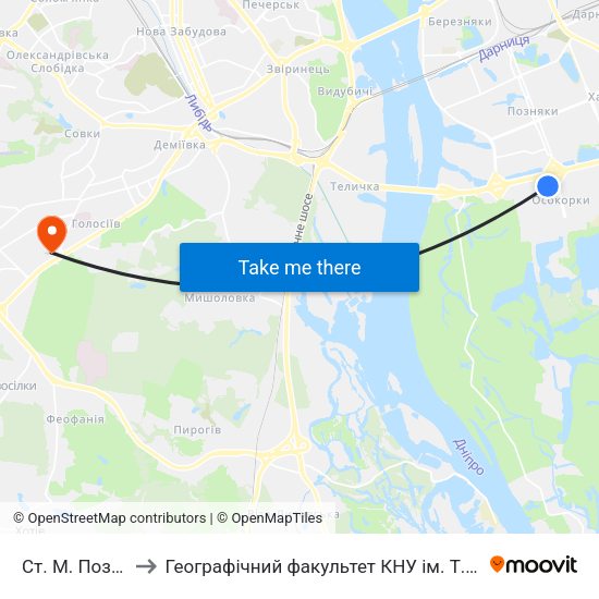 Ст. М. Позняки to Географічний факультет КНУ ім. Т. Шевченка map