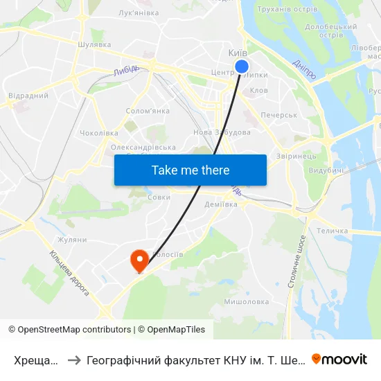 Хрещатик to Географічний факультет КНУ ім. Т. Шевченка map