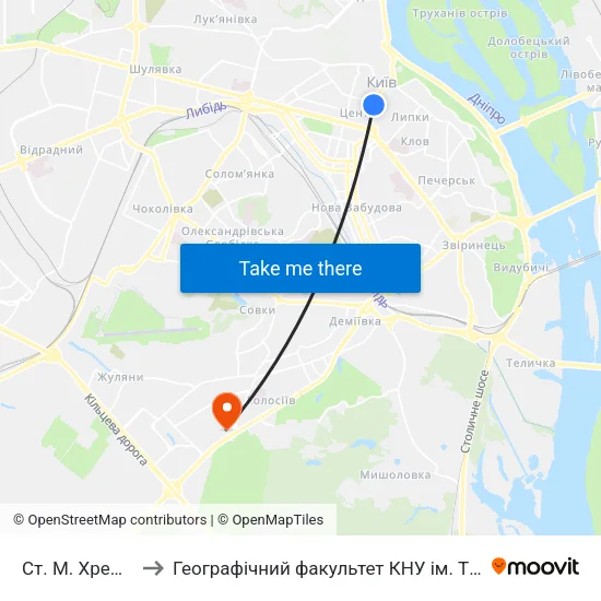 Ст. М. Хрещатик to Географічний факультет КНУ ім. Т. Шевченка map
