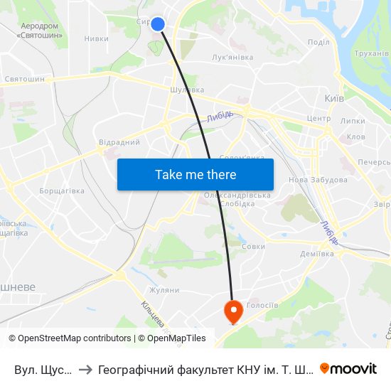 Вул. Щусєва to Географічний факультет КНУ ім. Т. Шевченка map